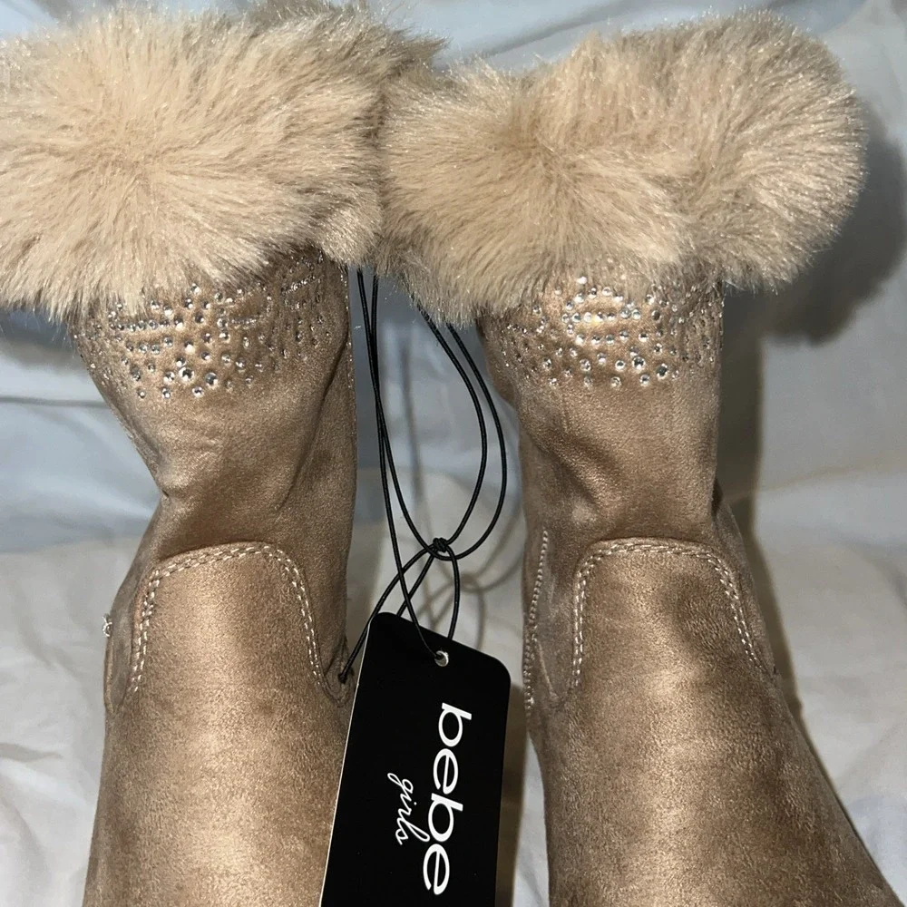 BEBE GIRLS FAUX FUR Fashion BOOTS TAN BROWN SHOES 1 NEW Rhinstones Cowgirl Bling